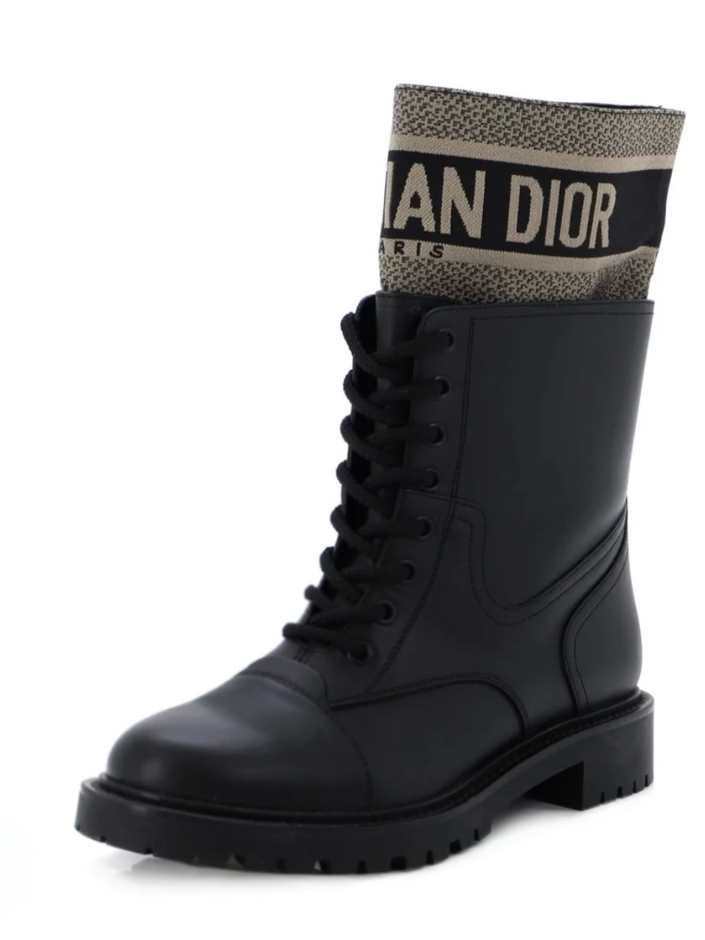 Christian Dior D-Major Lace-Up Leather Combat Boots with Logo Knit Cuff